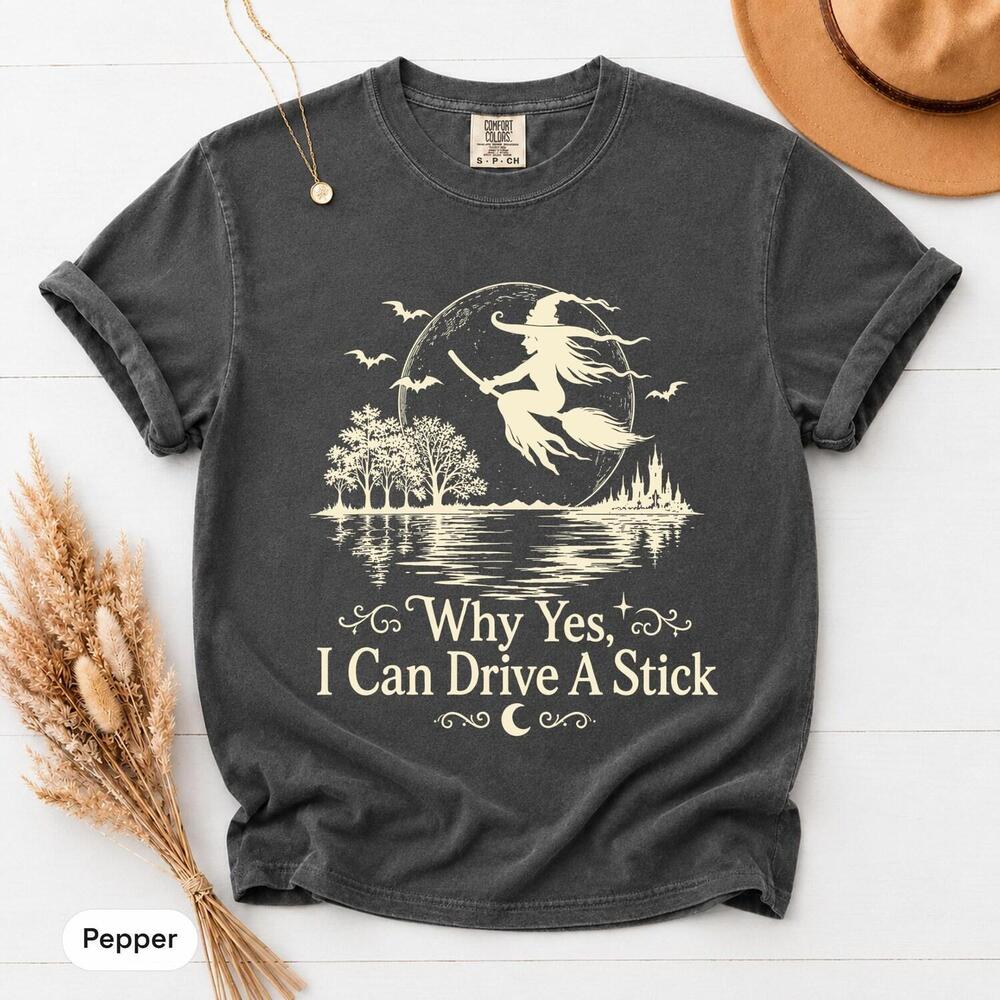 Witchy Vibes Shirt, Drive A Stick Witch Halloween Tee, S Cream Print Witch